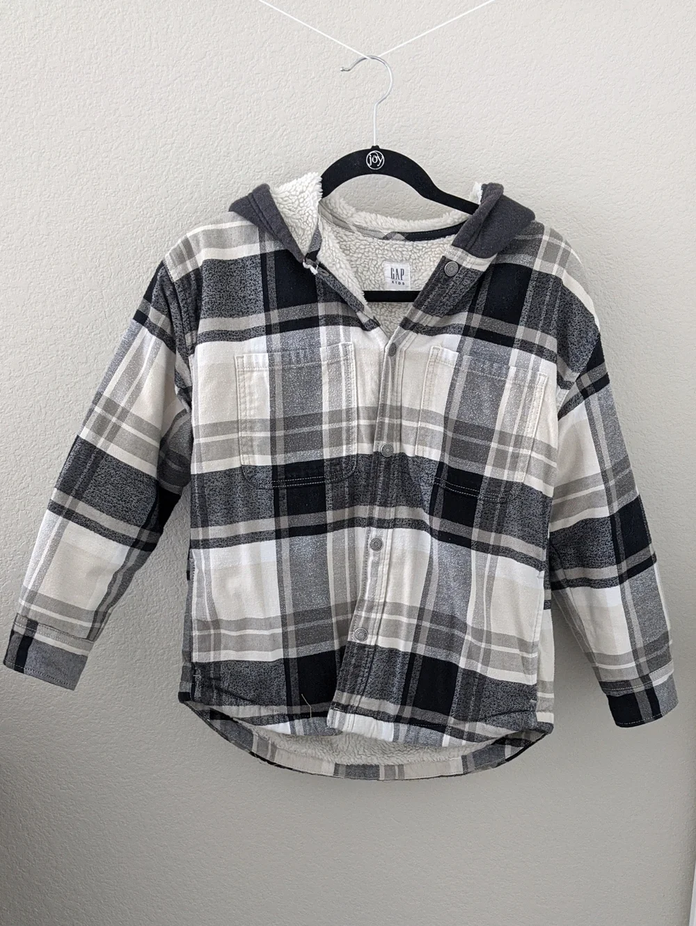 GAP Youth XL Black & White Plaid Sherpa-Lined Hooded Button Shirt Jacket